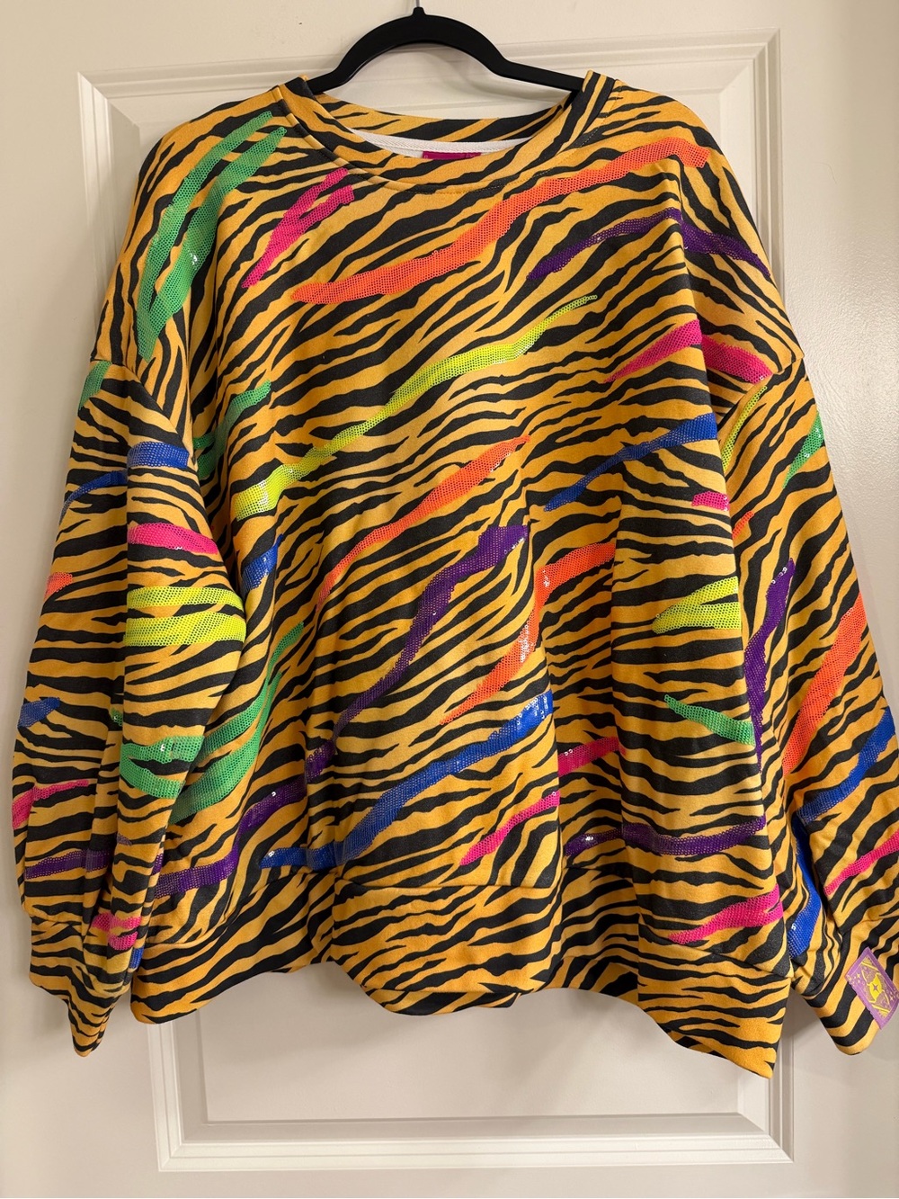 QUEEN OF SPARKLES Yellow and Black Zebra Print Sweater with Neon Accents